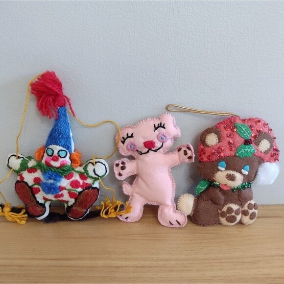 Vintage (3) Handmade Hand Stitched Stuffed Christmas Ornaments Crewel Clown Bear - Picture 1 of 8